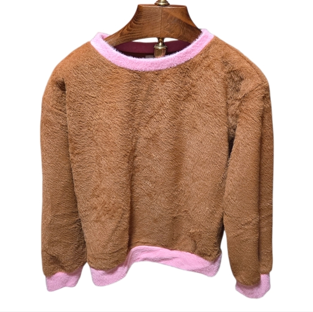 Anthropologie Maeve Cozy Ringer Fuzzy Sweater Sweatshirt Brown Pink Size XS - Picture 2 of 6
